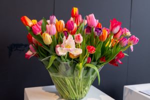 kolorowe tulipany w szklanym wazonie