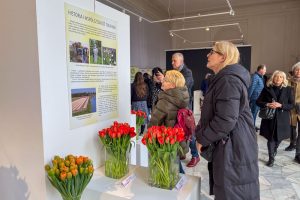 goście wystawy czytają informację na temat historii tulipana